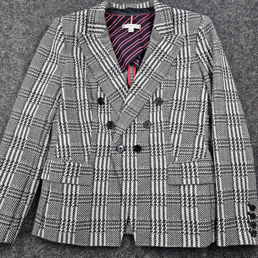 Tommy Hilfiger Womens Blazer Jacket Size 12 Black White Plaid Double Breasted